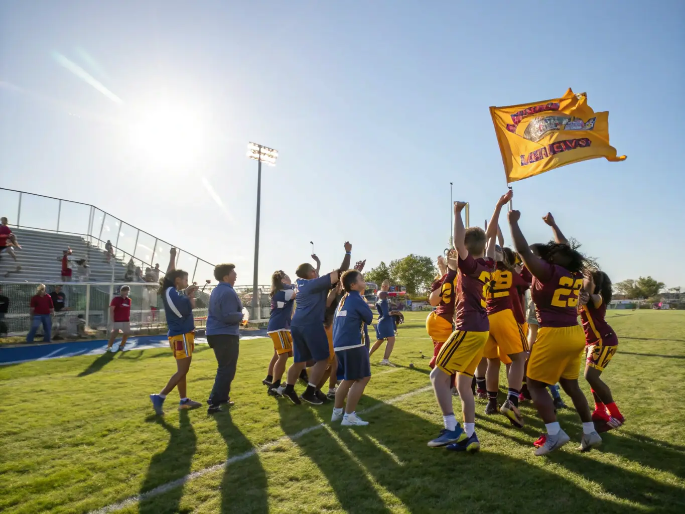 A team of young athletes celebrating after winning a regional sports tournament, highlighting the success of the Competition Preparation program.