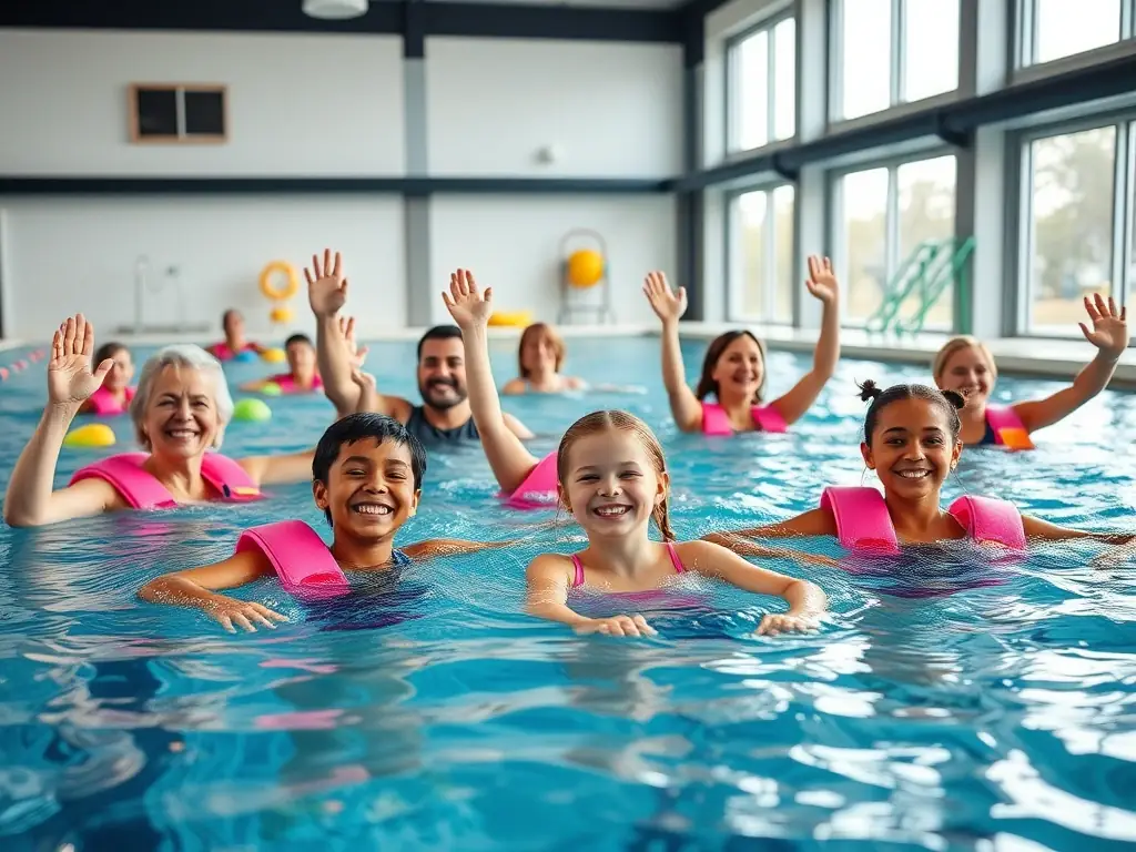 Participants engaging in water aerobics in a bright, welcoming pool environment, demonstrating the aqua gym classes offered by CLUB INTERCOMMUNAL NATATION DE L'HERSAIN.