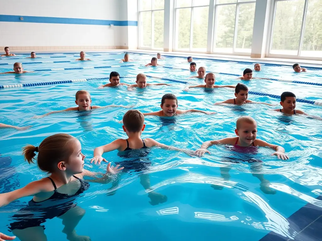A diverse group of children and adults practicing swimming techniques in a well-equipped indoor pool, focusing on different skill levels and abilities.