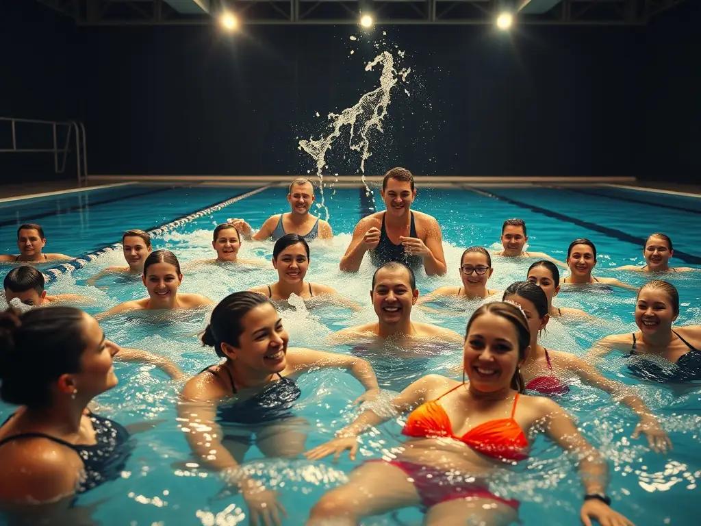 A diverse group of children and adults practicing swimming techniques in a well-equipped indoor pool, showcasing the group swimming lessons offered by CLUB INTERCOMMUNAL NATATION DE L'HERSAIN.