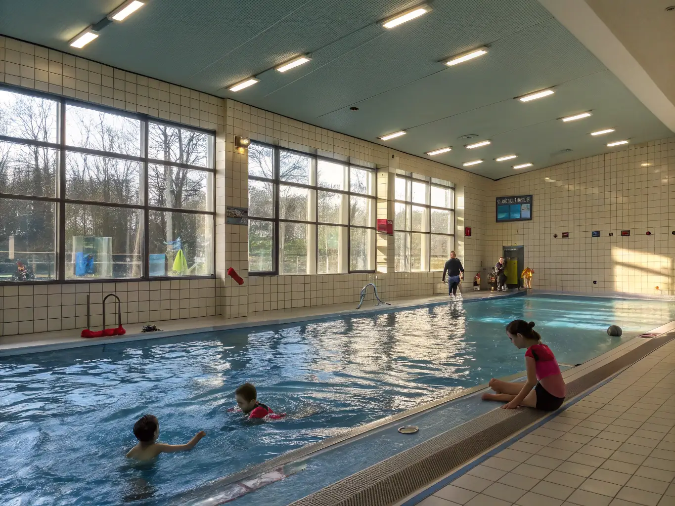 A group of smiling people of different ages socializing near a swimming pool, highlighting the community aspect of CLUB INTERCOMMUNAL NATATION DE L'HERSAIN.